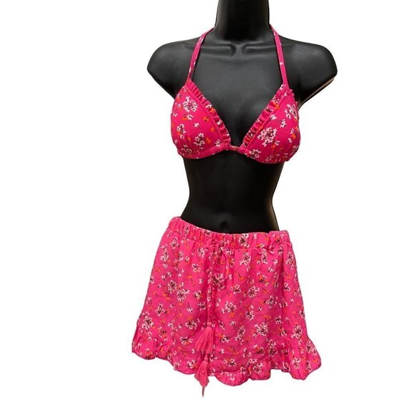 New look womens  3 piece bikini & matching shorts. Pink floral medium - Picture 3 of 7